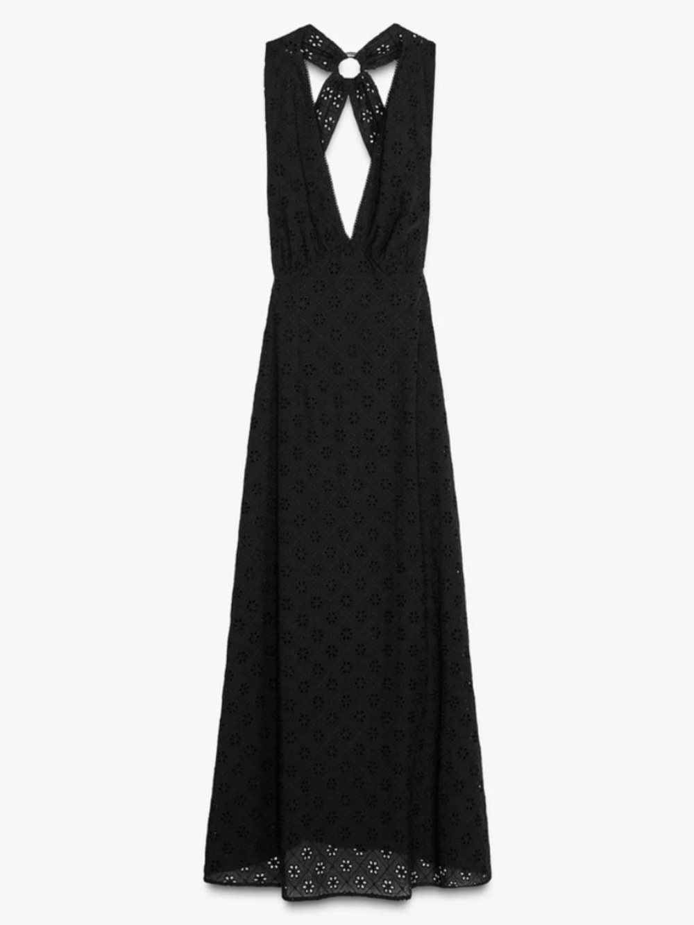 Zara Black Eyelet Backless Maxi Dress with Ring Detail